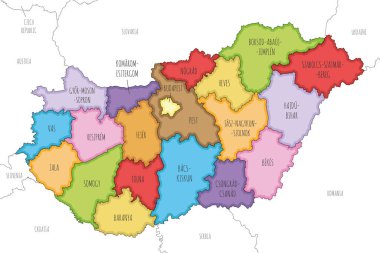 Macaristan 'ın ilçe ve idari bölümleri, komşu ülkeler ve toprakları ile ilgili bölgesel haritasını çizdi. Düzenlenebilir ve etiketlenebilir katmanlar.