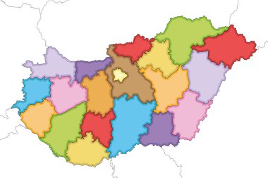 Macaristan 'ın ilçe ve idari bölümleri, komşu ülkeler ve toprakları ile ilgili bölgesel boş haritasını çizdi. Düzenlenebilir ve etiketlenebilir katmanlar.