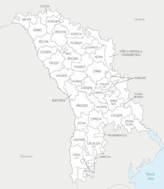 Bölgeler, belediyeler ve özerk toprak birimleri ile komşu ülkeler ve bölgelerde idari bölünmelere sahip Moldova 'nın vektör bölgesel haritası. Düzenlenebilir ve etiketlenebilir katmanlar.