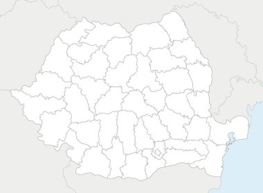 Romanya 'nın ilçe ve idari bölümleri, komşu ülkeler ve bölgeleri ile ilgili bölgesel boş haritasını oluşturun. Düzenlenebilir ve etiketlenebilir katmanlar.