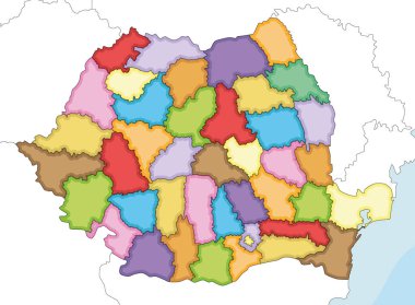 Vektör, Romanya 'nın ilçe ve idari bölümleri, komşu ülkeler ve bölgeleriyle ilgili bölgesel boş haritasını çizdi. Düzenlenebilir ve etiketlenebilir katmanlar.