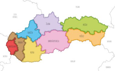 Slovakya veya Slovakya Cumhuriyeti 'nin bölge ve idari bölümleri, komşu ülkeler ve bölgeleri içeren vektör resimli haritası. Düzenlenebilir ve etiketlenebilir katmanlar.