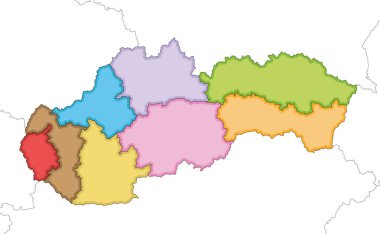 Slovakya veya Slovakya Cumhuriyeti 'nin bölge ve idari bölümleri, komşu ülkeler ve bölgeleri ile boş haritasını çizdi. Düzenlenebilir ve etiketlenebilir katmanlar.