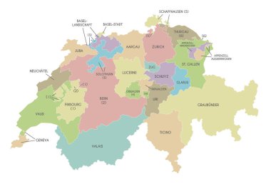 Kantonları, toprakları ve idari bölümleri olan İsviçre 'nin vektör bölgesel haritası. Düzenlenebilir ve etiketlenebilir katmanlar.
