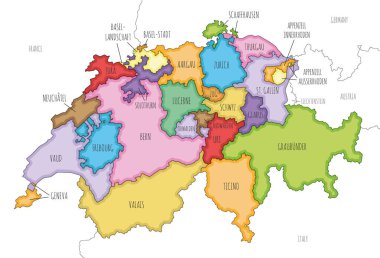 Vektör, kantonlar ve idari bölümler, komşu ülkeler ve bölgelerle İsviçre 'nin bölgesel haritasını çizdi. Düzenlenebilir ve etiketlenebilir katmanlar.