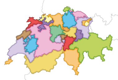Vektör, kantonlar ve idari bölümler, komşu ülkeler ve bölgelerle İsviçre 'nin bölgesel boş haritasını çizdi. Düzenlenebilir ve etiketlenebilir katmanlar.