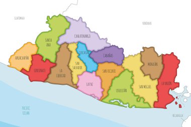 Vektör, El Salvador 'un bölgesel haritasını departmanlar ve idari bölümler, komşu ülkeler ve bölgelerle çizdi. Düzenlenebilir ve etiketlenebilir katmanlar.