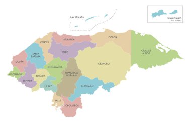 Bölümleri, bölgeleri ve idari bölümleri olan Honduras 'ın vektör bölgesel haritası. Düzenlenebilir ve etiketlenebilir katmanlar.