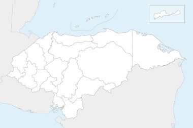 Bölümleri, idari bölümleri, komşu ülkeler ve bölgeleri olan Honduras 'ın bölgesel boş haritasını oluşturun. Düzenlenebilir ve etiketlenebilir katmanlar.