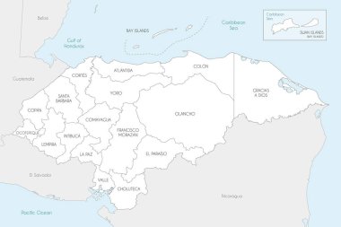 Bölümleri, idari bölümleri, komşu ülkeler ve bölgeleri olan Honduras 'ın vektör bölgesel haritası. Düzenlenebilir ve etiketlenebilir katmanlar.