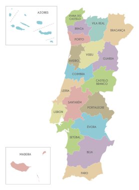 Bölgeleri, özerk bölgeleri veya bölgeleri ve idari bölümleri olan Portekiz 'in vektör bölgesel haritası. Düzenlenebilir ve etiketlenebilir katmanlar.
