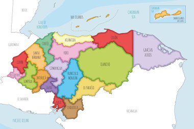 Vektör, Honduras 'ın bölge haritasını departmanlar ve idari bölümler, komşu ülkeler ve bölgelerle çizdi. Düzenlenebilir ve etiketlenebilir katmanlar.