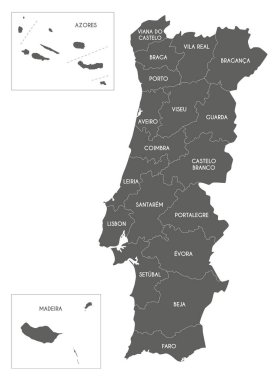 Bölgeleri, özerk bölgeleri veya bölgeleri ve idari bölümleri olan Portekiz 'in vektör bölgesel haritası. Düzenlenebilir ve etiketlenebilir katmanlar.