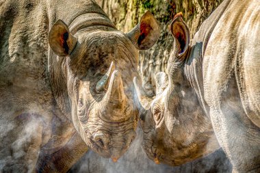 Rhinoceroses Facing Each Other and fighting in Dusty Atmosphere clipart