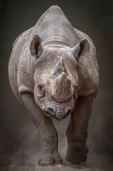 Gergedanlar Karanlık, desenli Sırtlarıyla Kameraya Doğru Yürüyorlar