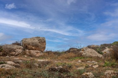 Blu Altında Dağılmış Kayalarla Geniş Arid Rocky Manzarası