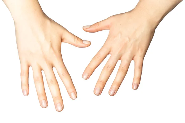 Mãos Femininas Frente Fundo Branco — Fotografia de Stock