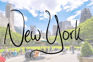 New York handwritten with a photo of the city in the background 
