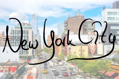 New York City, handwritten with a photo of the place in the background