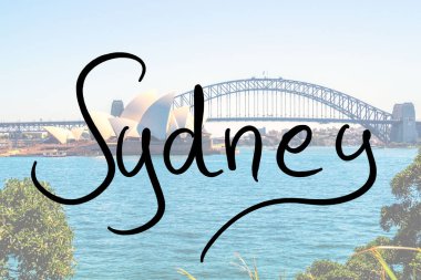 Sydney, handwritten with a photo of the place in the background