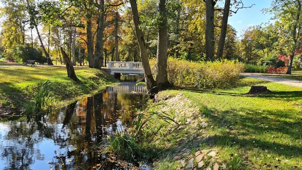 Sonbaharda Şehir Parkında Küçük Bir Dereden Geçen Beyaz Taş Köprü — Stok fotoğraf