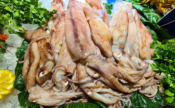 Muchos Cadáveres Calamar Sobre Hojas Verdes Restaurante Mariscos Están Preparados — Foto de Stock