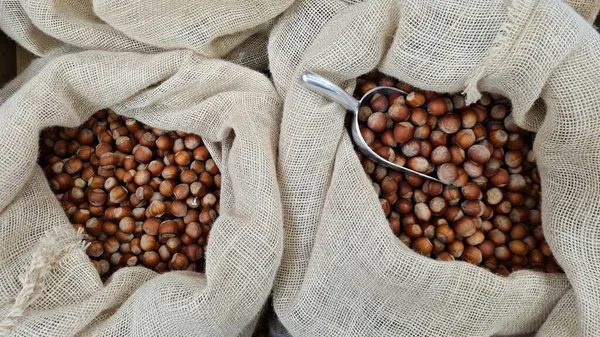 Healthy hazelnuts are packed into bags for sale at the market.
