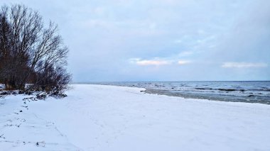 Soğuk kış günlerinde karla kaplı ve gökyüzünde gri bulutlar.