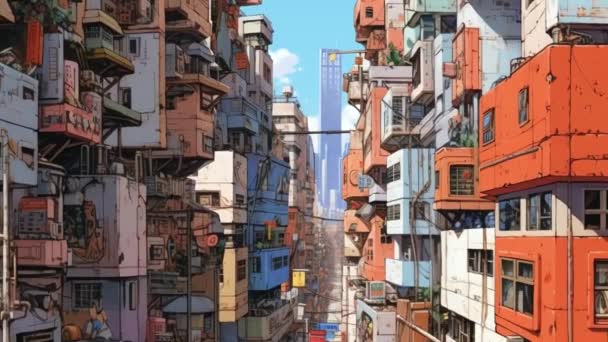 アニメの映像のために適した日光のサイバーパンクのスラム都市区域 — ストック動画