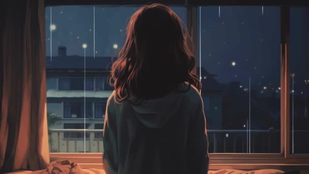 Anime Flicka Står Framför Hennes Rum Tittar Regn Genom Fönstret — Stockvideo