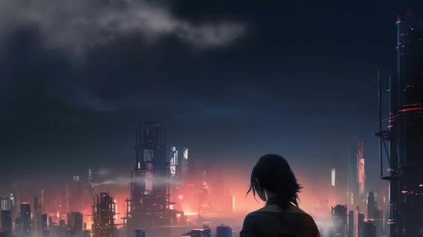 ハイテクスーツを着た女の子が サイバーパンクの街を見ながら 建物の上に立っている — ストック動画