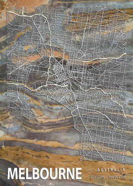 Melbourne - Avustralya Tutku Mermer Haritası dünyanın en ünlü şehirlerinin güzel bir kopyası. Bu fiyata böyle bir baskı bulamazsın..