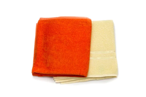 Två Nya Handdukar Gul Och Orange Färger Vit Bakgrund Närbild — Stockfoto