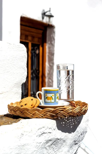 Cup Aromatic Hot Tasty Coffee Cup Biscuit Tray Close Patio — Stock Photo, Image