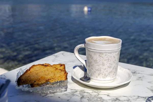 Cup Delicious Hot Cappuccino Table Close Street Cafe Sea Spring — Stock Photo, Image