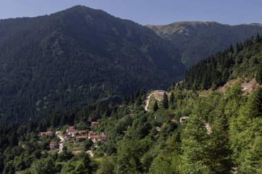 Güneşli bir yaz gününde dağların, köyün, ladin ormanlarının ve kırsal yolun manzarası (Güney Pindos Dağı, Yunanistan)