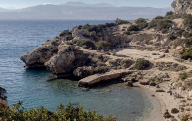 The Sanctuary of the goddess Hera Akraia in a small cove of the Corinthian gulf (Loutraki-Perachora, Greece) on a winter day
