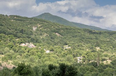 Yürüyüş. Güneşli bir yaz gününde güzel dağ ve orman manzarası