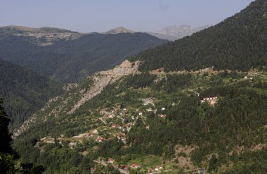 Güneşli bir yaz gününde dağların manzarası, Drosohori köyü, ladin ormanı ve kırsal yol (Güney Pindos Dağı, Yunanistan
