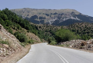 Dağlarda güneşli bir yaz gününde (Orta Yunanistan) köy yakınlarında kırsal, dar bir yol)