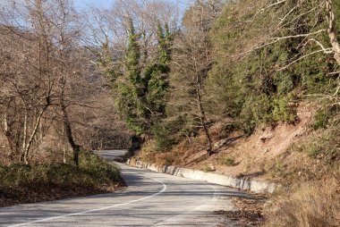 Güneşli bir kış gününde yüksek, pitoresk dağlar güney Pindus, orman ve dar bir karayolu (Yunanistan) manzarası
