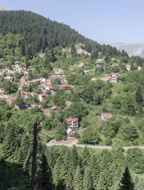 Güneşli bir yaz gününde dağların, köyün, ladin ormanlarının ve kırsal yolun manzarası (Güney Pindos Dağı, Yunanistan)