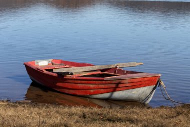 Güneşli bir günde Yunanistan 'ın Karditsa bölgesinde Plastiras Gölü kıyısında bir kırmızı balıkçı teknesi demirler.
