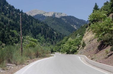 Yol altyapısı. Güneşli bir yaz gününde dağların manzarası, ladin ormanları ve kırsal yol (Yunanistan 'ın merkezi))