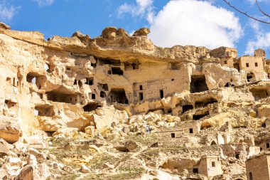 Ancient carved rock dwellings in Cappadocia. Turkey