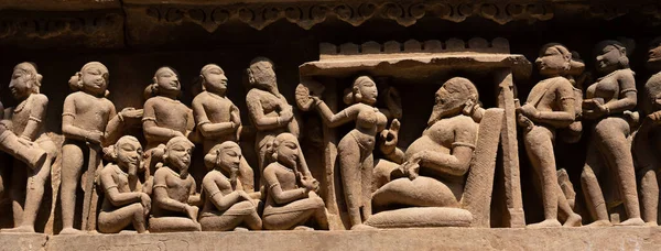 Starożytne Rzeźby Świątyni Khajuraho Indie Panorama — Zdjęcie stockowe