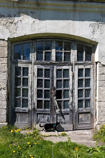Duże Stare Drewniane Drzwi Oknami — Zdjęcie stockowe