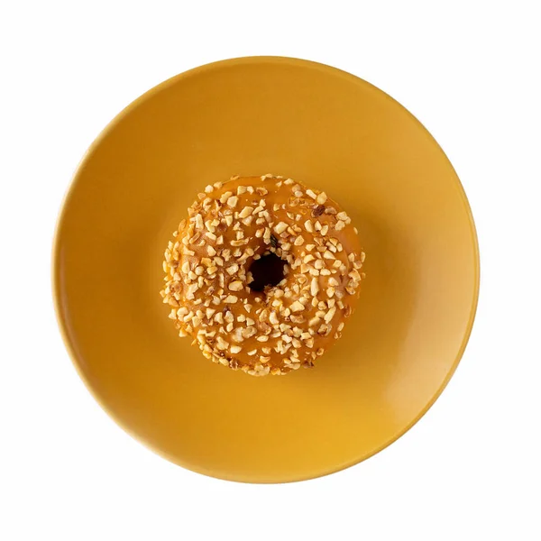 Donut Caramel Filling Nuts Yellow Plate White Background Isolate Top — Stock Photo, Image