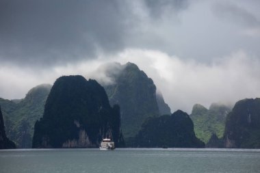 Halong Körfezi. Halong Körfezi 'nin adaları ve kayalıkları görünüyor. Vietnam