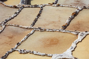 Terras Salinas de Maras tuz havuzlarının manzarası. Peru, yakın plan. Arkaplan